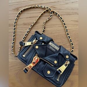 Moschino Napa Black Leather Biker Jacket Bag with Gold Details